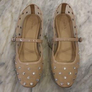 Beige Polka Dot Flats with Rhinestones